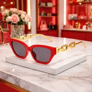Sunglasses Women Red Fashion Cat Eye Sunglasses with luxury Chain handles.